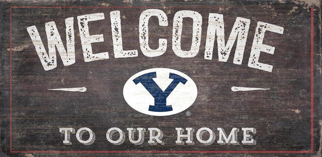 Letrero de madera de 6 x 12 de los BYU Cougars con el lema "Bienvenidos a nuestro diseño de hogar"