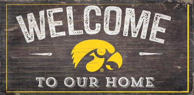 Letrero de madera de Iowa Hawkeyes de 6 x 12 pulgadas con el texto "Bienvenido a nuestro diseño de hogar"