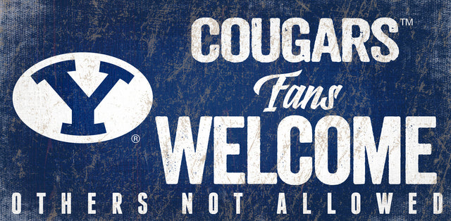 Letrero de madera de los BYU Cougars: "Bienvenidos los fanáticos", 12 x 6