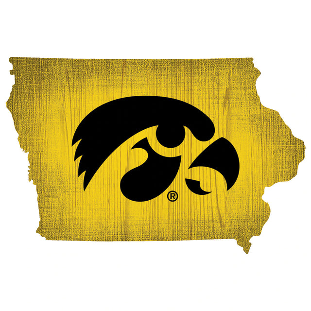 Letrero de madera de 12" de Iowa Hawkeyes con diseño de forma de estado y colores del equipo