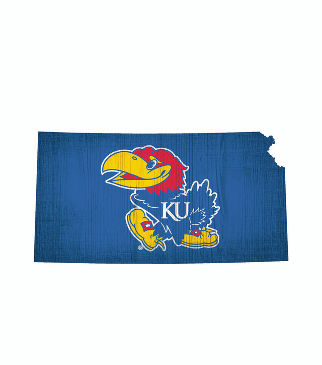 Letrero de madera de 12" de los Kansas Jayhawks con diseño de la forma del estado y los colores del equipo