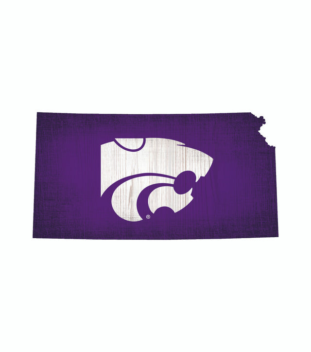 Letrero de madera de 12" de los Kansas State Wildcats con diseño de forma de estado y color del equipo