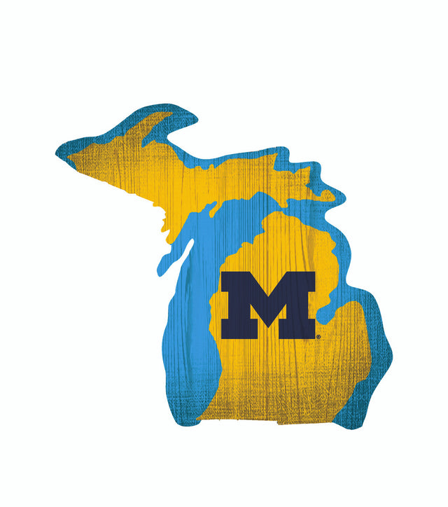 Letrero de madera de los Michigan Wolverines de 12" con diseño de forma de estado y colores del equipo