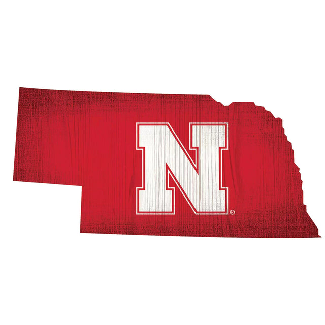 Letrero de madera de 12" de los Nebraska Cornhuskers con diseño de la forma del estado y los colores del equipo