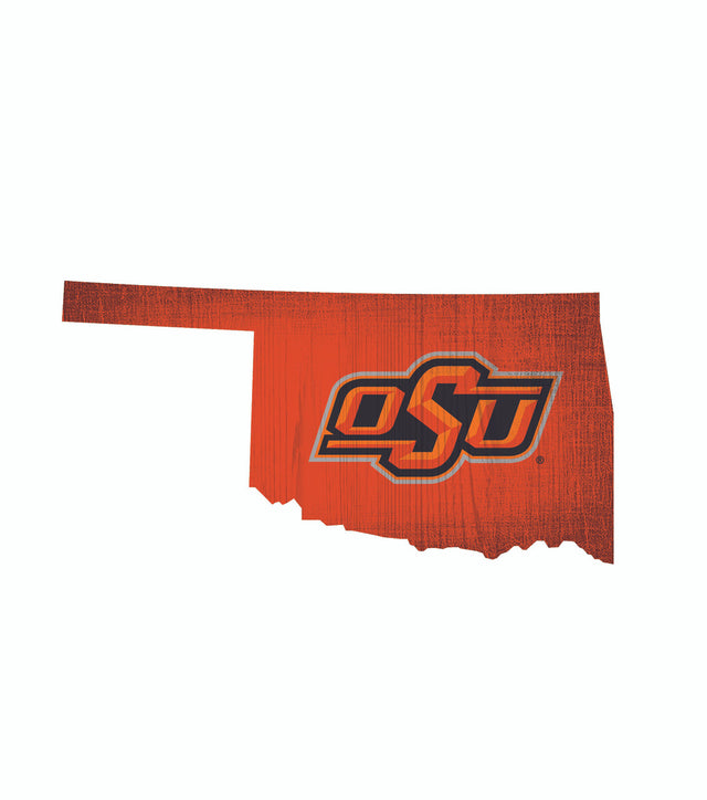 Letrero de madera de los Oklahoma State Cowboys de 12" con diseño de forma de estado y colores del equipo