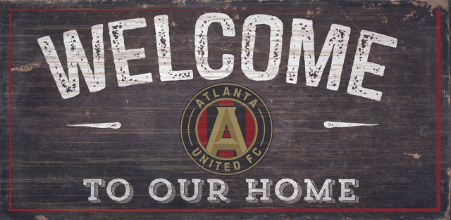 Letrero de madera de 6 x 12 del Atlanta United FC con el lema Bienvenido a nuestro diseño de hogar