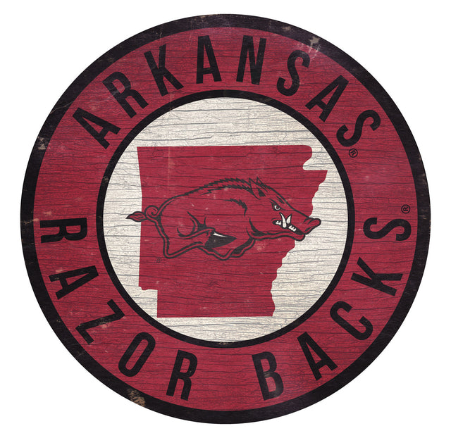 Letrero de madera de los Arkansas Razorbacks de 12" redondo con diseño del estado