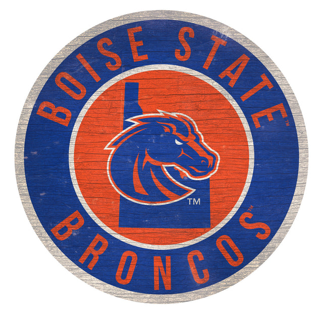 Letrero de madera de los Boise State Broncos, redondo, de 12", con diseño del estado