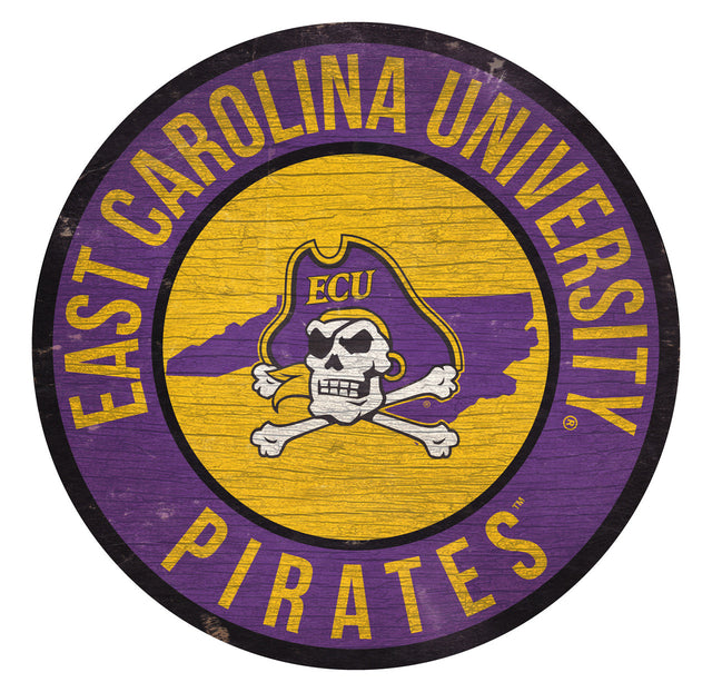 Letrero de madera de los Piratas de East Carolina, redondo, de 12", con diseño del estado