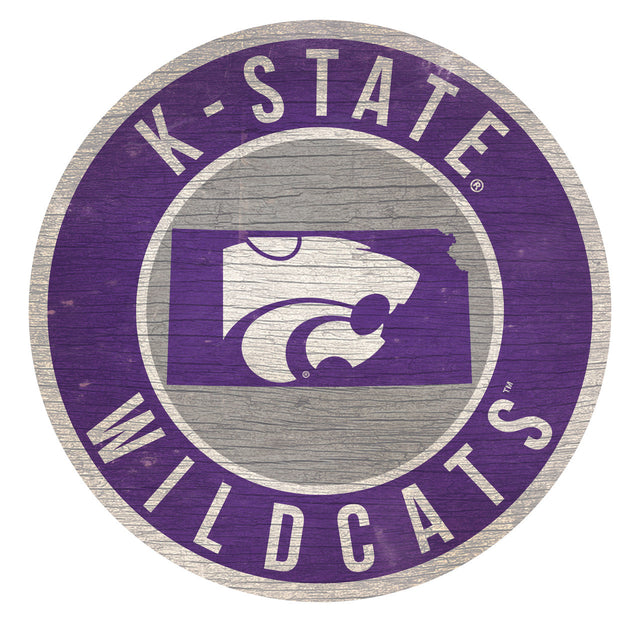 Letrero de madera de los Kansas State Wildcats, redondo, de 12", con diseño del estado