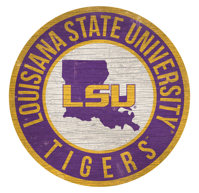 LSU Tigers Sign Wood 12" Round State Design