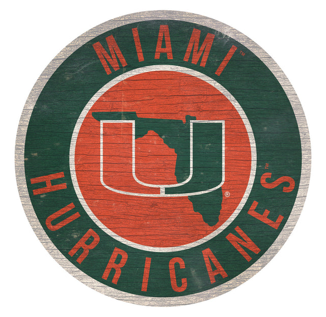 Letrero de madera de los Miami Hurricanes de 12" redondo con diseño del estado