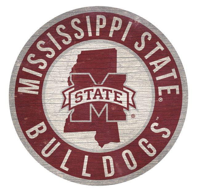 Letrero de madera de los Mississippi State Bulldogs, redondo, de 12", con diseño del estado