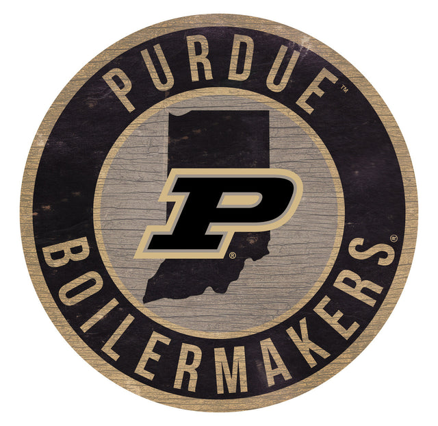 Letrero de madera de los Purdue Boilermakers, redondo, de 12 pulgadas, con diseño del estado