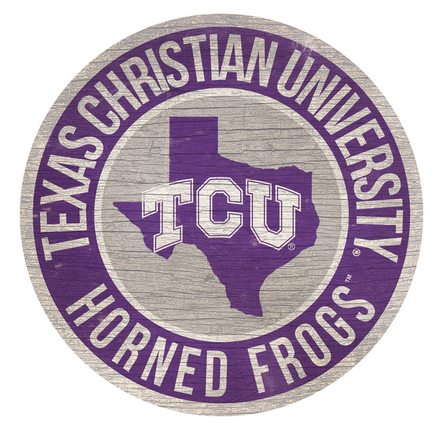 Letrero de madera de 12" redondo con diseño del estado de TCU Horned Frogs