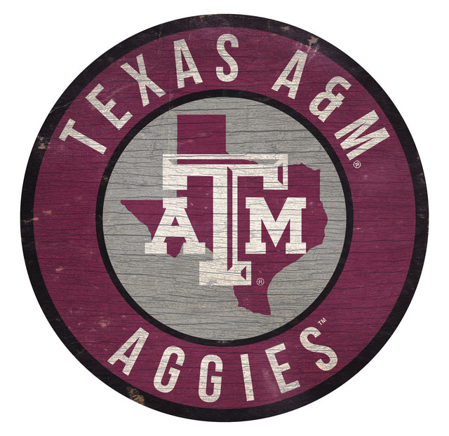 Letrero de madera de los Texas A&amp;M Aggies, redondo, de 12", con diseño del estado