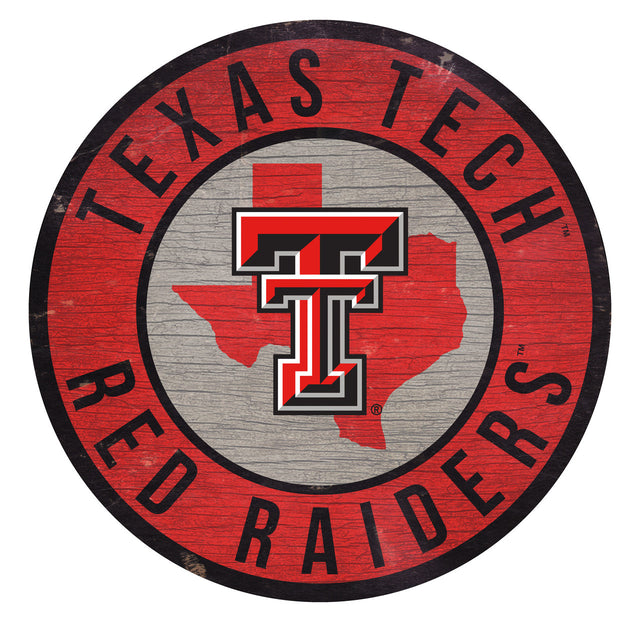 Letrero de madera de los Texas Tech Red Raiders de 12" redondo con diseño del estado