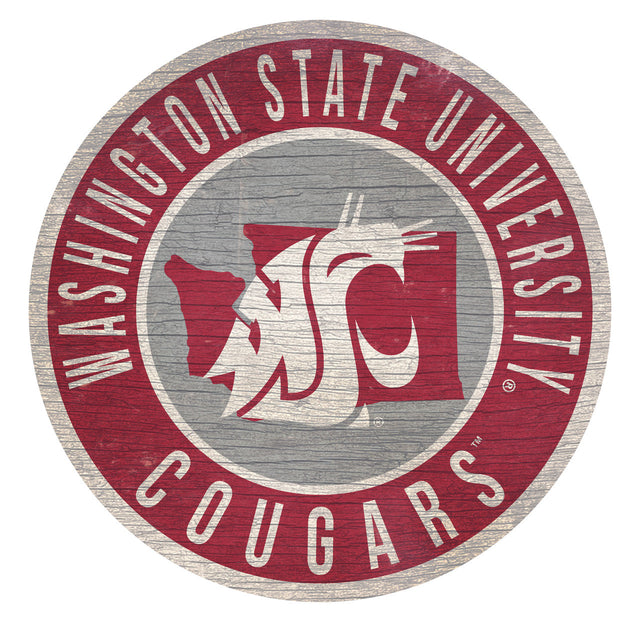 Letrero de madera de los Washington State Cougars, redondo, de 12", con diseño del estado