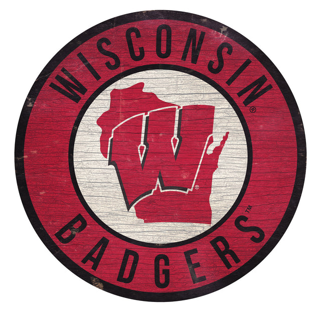 Wisconsin Badgers Sign Wood 12" Round State Design