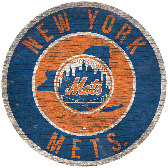 Letrero de madera de los New York Mets de 12" redondo con diseño del estado