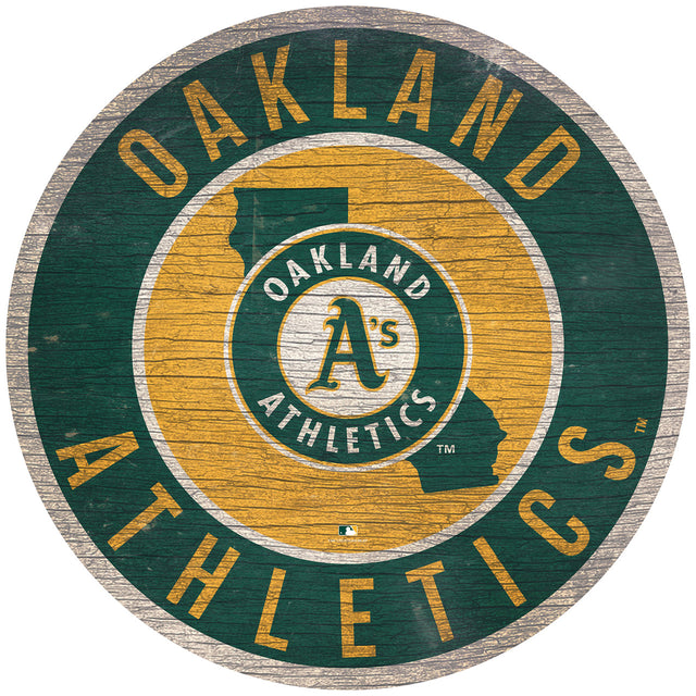 Letrero de madera de los Atléticos de Oakland, redondo, de 12", con diseño del estado