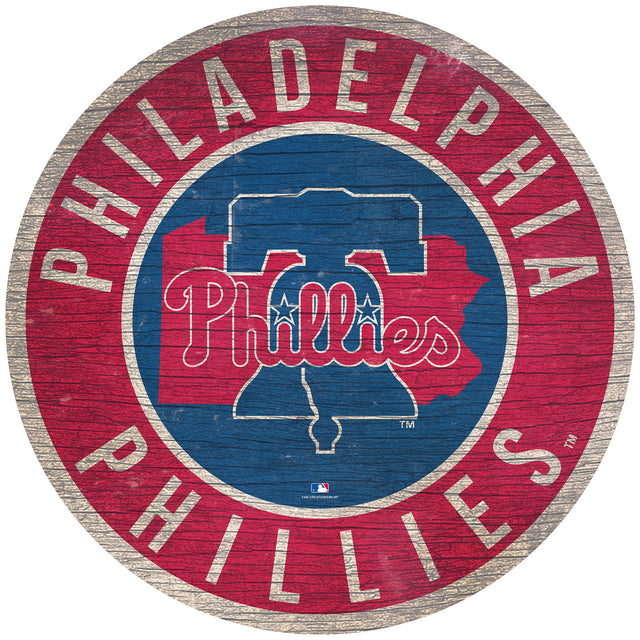 Letrero de madera de los Philadelphia Phillies de 12" redondo con diseño del estado