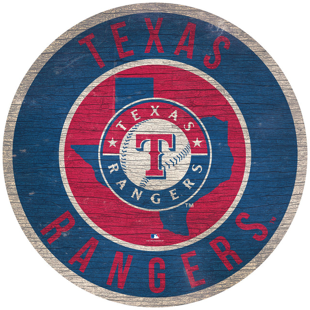 Letrero de madera de los Texas Rangers de 12" redondo con diseño del estado