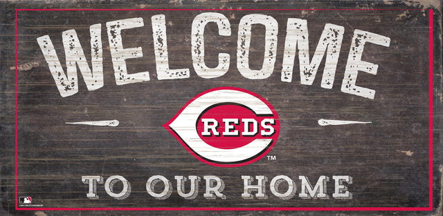 Cartel de madera de los Cincinnati Reds de 6 x 12 pulgadas con el texto "Bienvenidos a nuestro diseño de hogar"