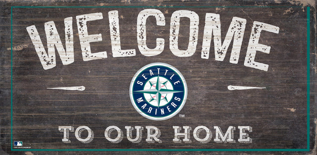 Letrero de madera de los Seattle Mariners de 6 x 12 pulgadas con el texto "Bienvenidos a nuestro diseño de hogar"