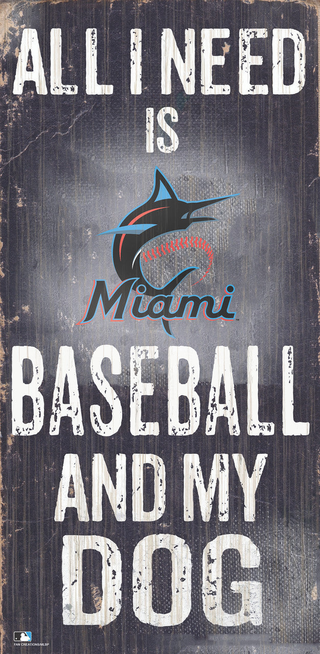 Letrero de madera de los Miami Marlins de 6 x 12 pulgadas con diseño de béisbol y perro