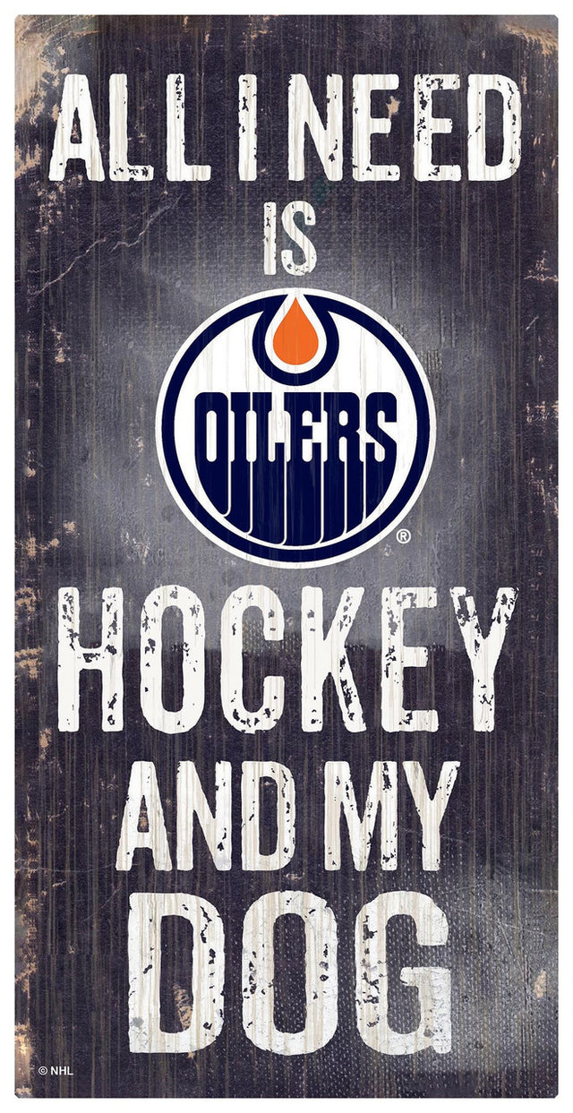 Letrero de madera de 6 x 12 de los Edmonton Oilers con diseño de hockey y perro