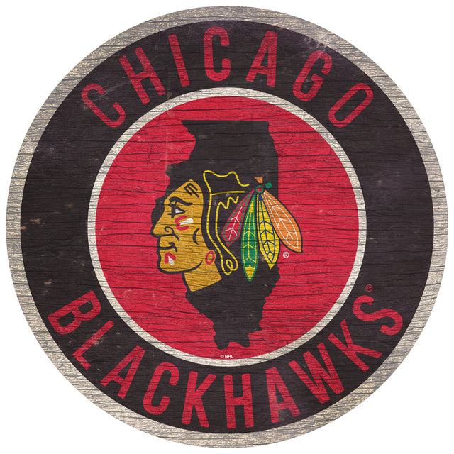 Letrero de madera de los Chicago Blackhawks, redondo, de 12", con diseño del estado