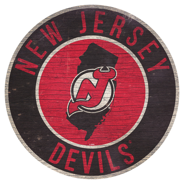 Letrero de madera de los New Jersey Devils de 12" redondo con diseño del estado