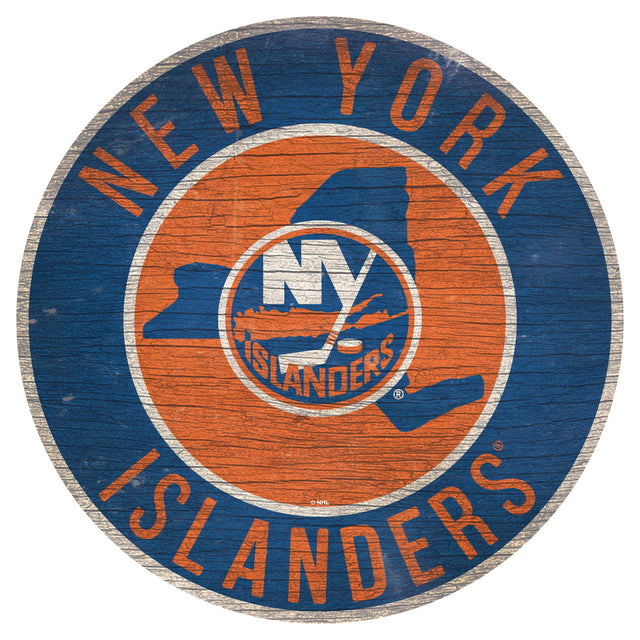 Letrero de madera de los New York Islanders, redondo, de 30 cm, con diseño del estado