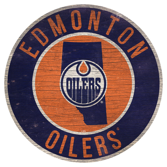 Letrero de madera de los Edmonton Oilers, redondo, de 12", con diseño del estado