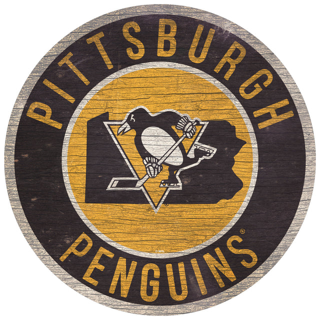 Letrero de madera de los Pittsburgh Penguins de 12" redondo con diseño del estado