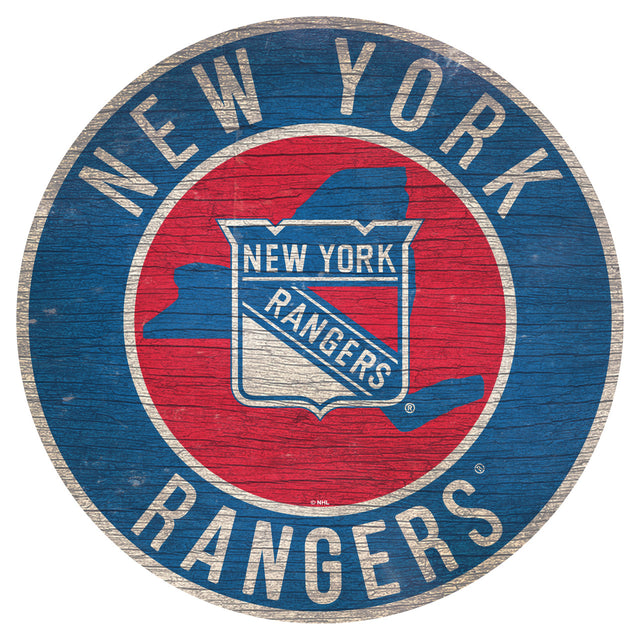 Letrero de madera de los New York Rangers de 12" redondo con diseño del estado