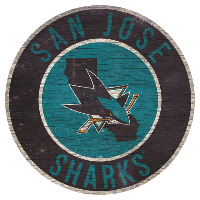 Letrero de madera de los San Jose Sharks de 12" redondo con diseño del estado