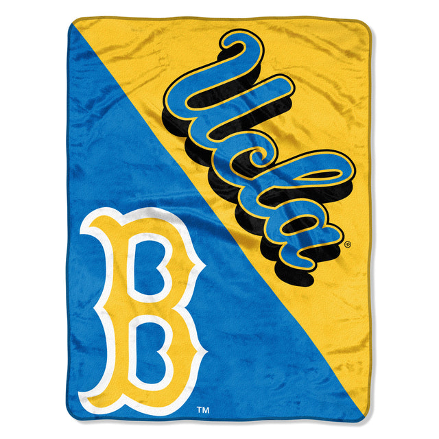 Manta de los Bruins de UCLA, diseño de microraschel en semitono, 46 x 60, enrollada