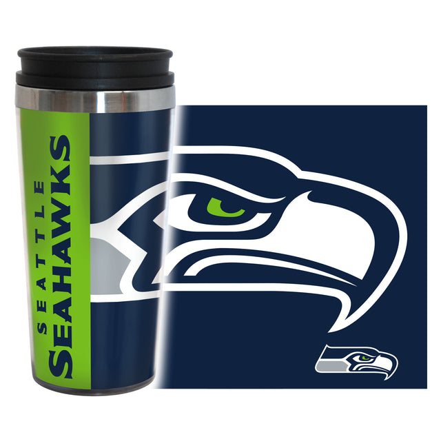 Taza de viaje de los Seattle Seahawks, envoltura completa de 14 oz, estilo Hype