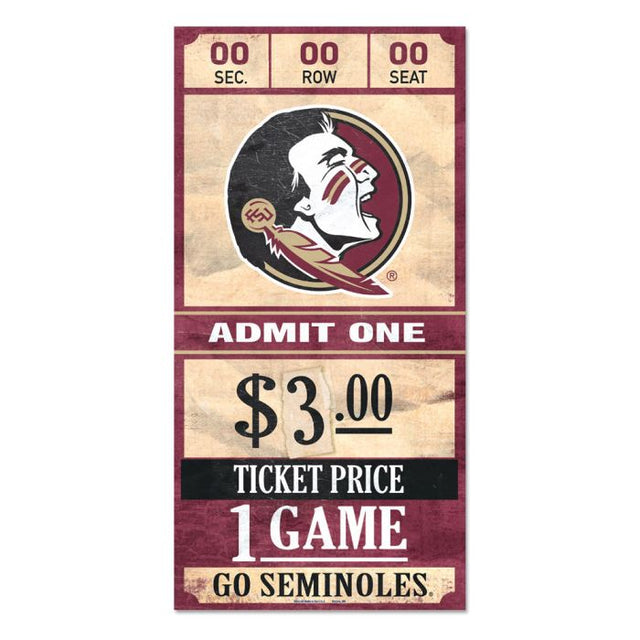 Letrero de madera con el texto "TICKET" de los Florida State Seminoles, 6 x 12, 3/8" de grosor