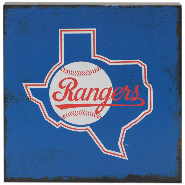 Decoración de pared con el logotipo de los Texas Rangers en un bloque de madera