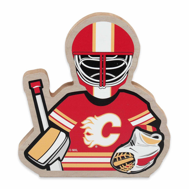 Decoración de mesa de madera con el portero de los Calgary Flames