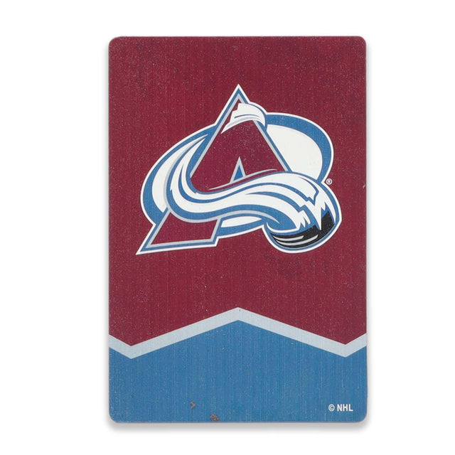 Imán de madera rayado con el logotipo de Colorado Avalanche de la Liga Nacional de Hockey (NHL)