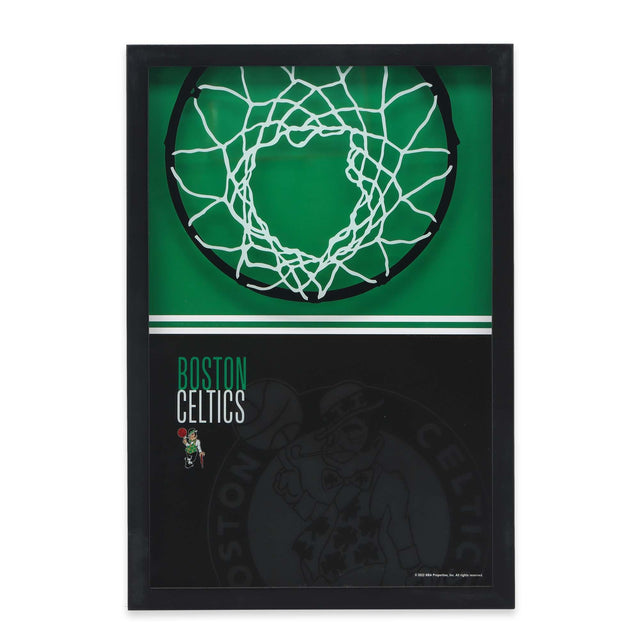 Decoración de pared de vidrio con estampado de bloques de colores y aro de baloncesto de Boston Celtics