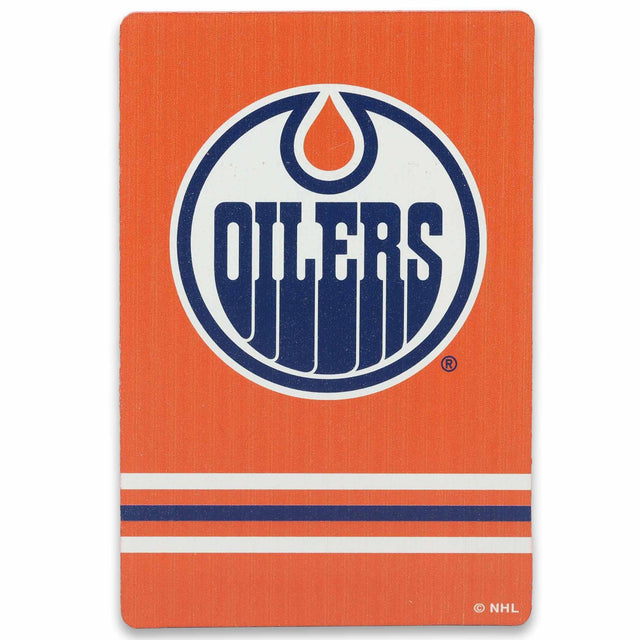 Imán de madera rayado con el logotipo de los Edmonton Oilers de la Liga Nacional de Hockey (NHL)