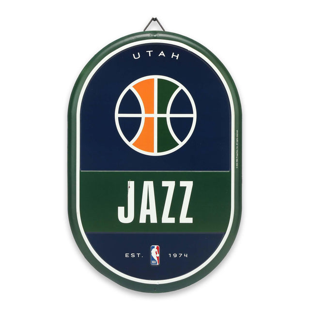 Letrero metálico ovalado con el espíritu del equipo de Utah Jazz