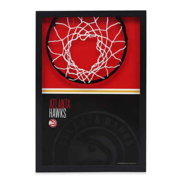 Decoración de pared de vidrio con estampado de bloques de colores y aro de baloncesto de los Atlanta Hawks