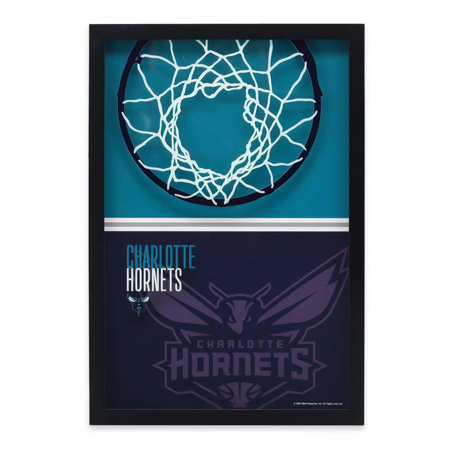 Decoración de pared de vidrio con estampado de bloques de colores de aro de baloncesto de los Charlotte Hornets