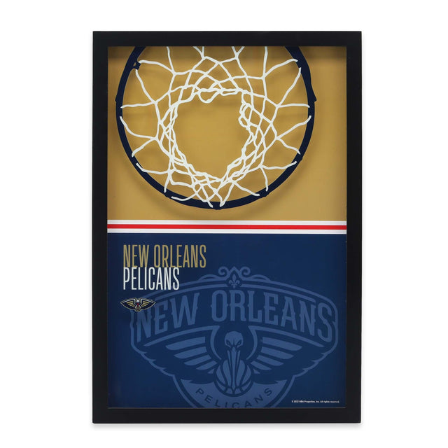 Decoración de pared de vidrio con estampado de bloques de colores y aro de baloncesto de los New Orleans Pelicans